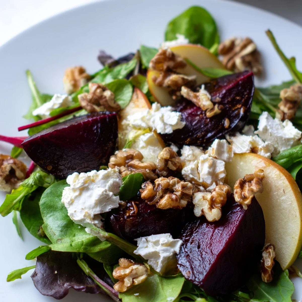 Sliced roasted beets, crumbled goat cheese, and apple slices arranged on a bed of greens for a light dinner.