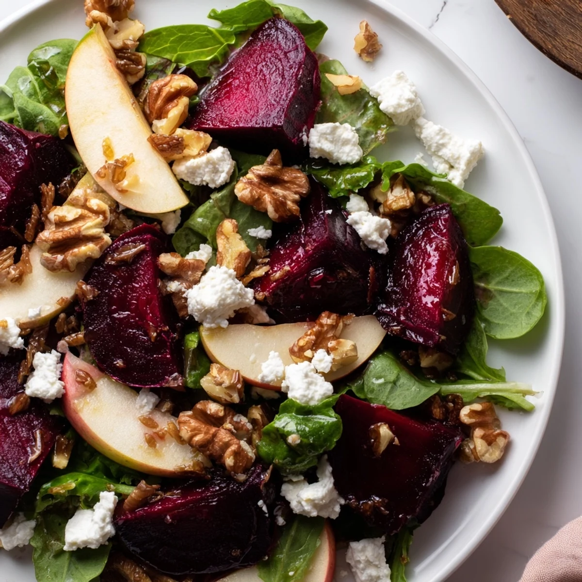A close-up of a vibrant Roasted Beet Salad with Goat Cheese Crumbles beside a glass of white wine.