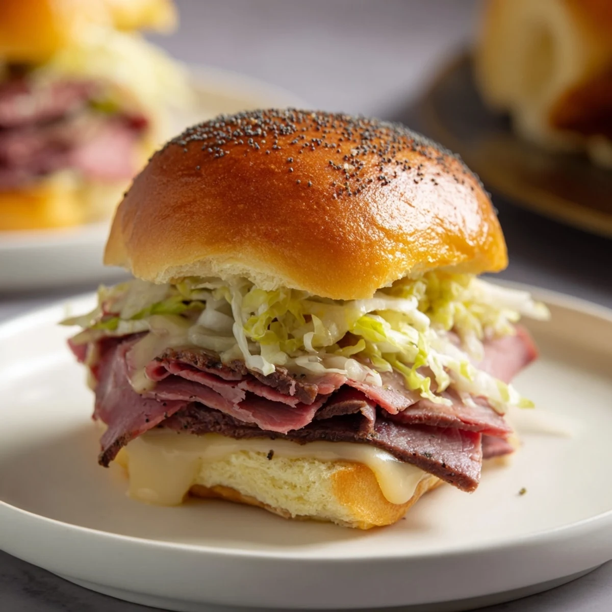 Warm Corned Beef Sliders with Stone Ground Mustard are stacked high, layered with crunchy cabbage and melty Swiss cheese.