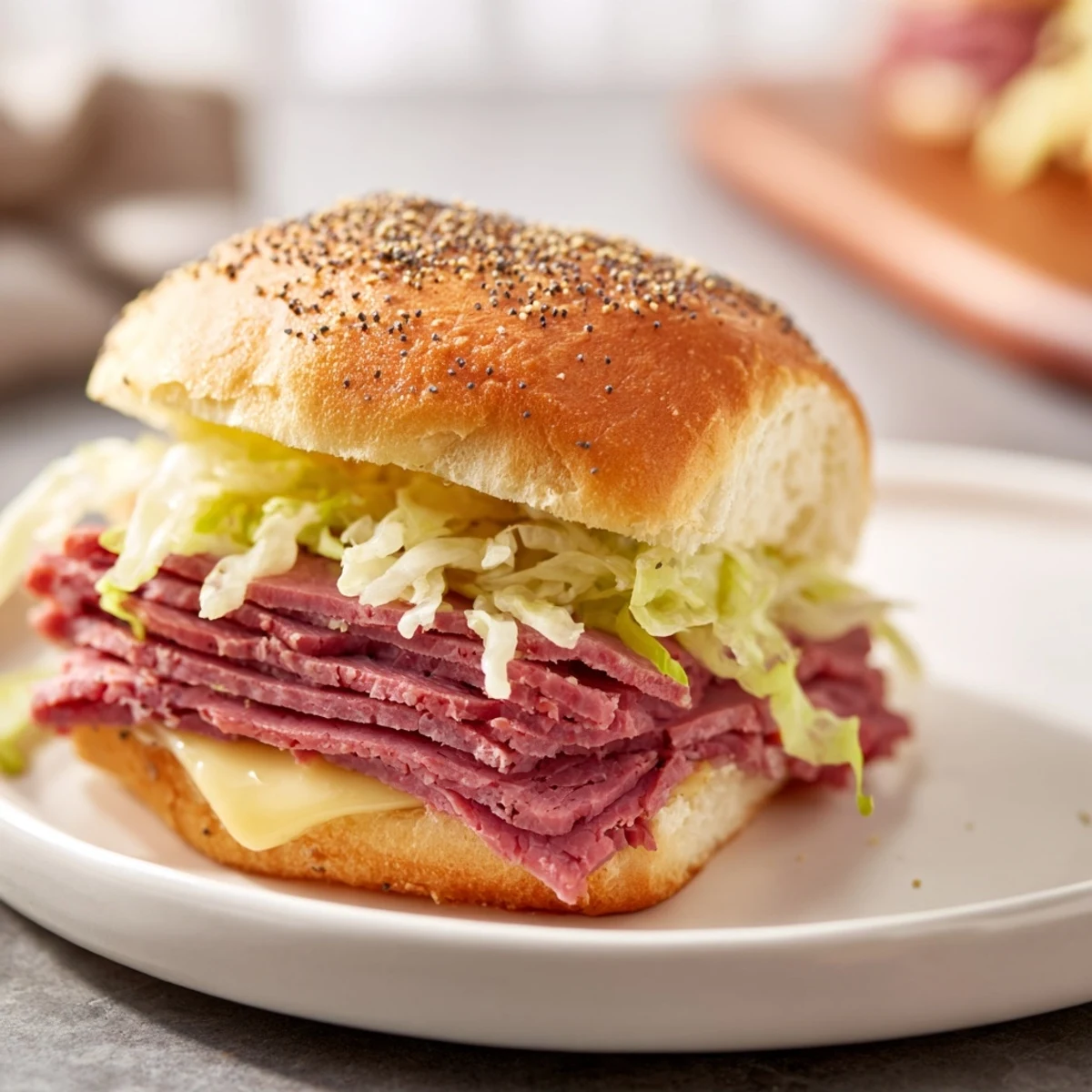 Freshly baked Corned Beef Sliders with Stone Ground Mustard sit beside a small bowl of extra mustard for dipping.