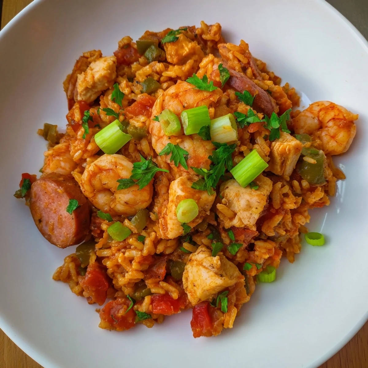 Vibrant Mardi Gras Jambalaya with Chicken and Shrimp steaming in a pot, showcasing tender meat and colorful peppers.