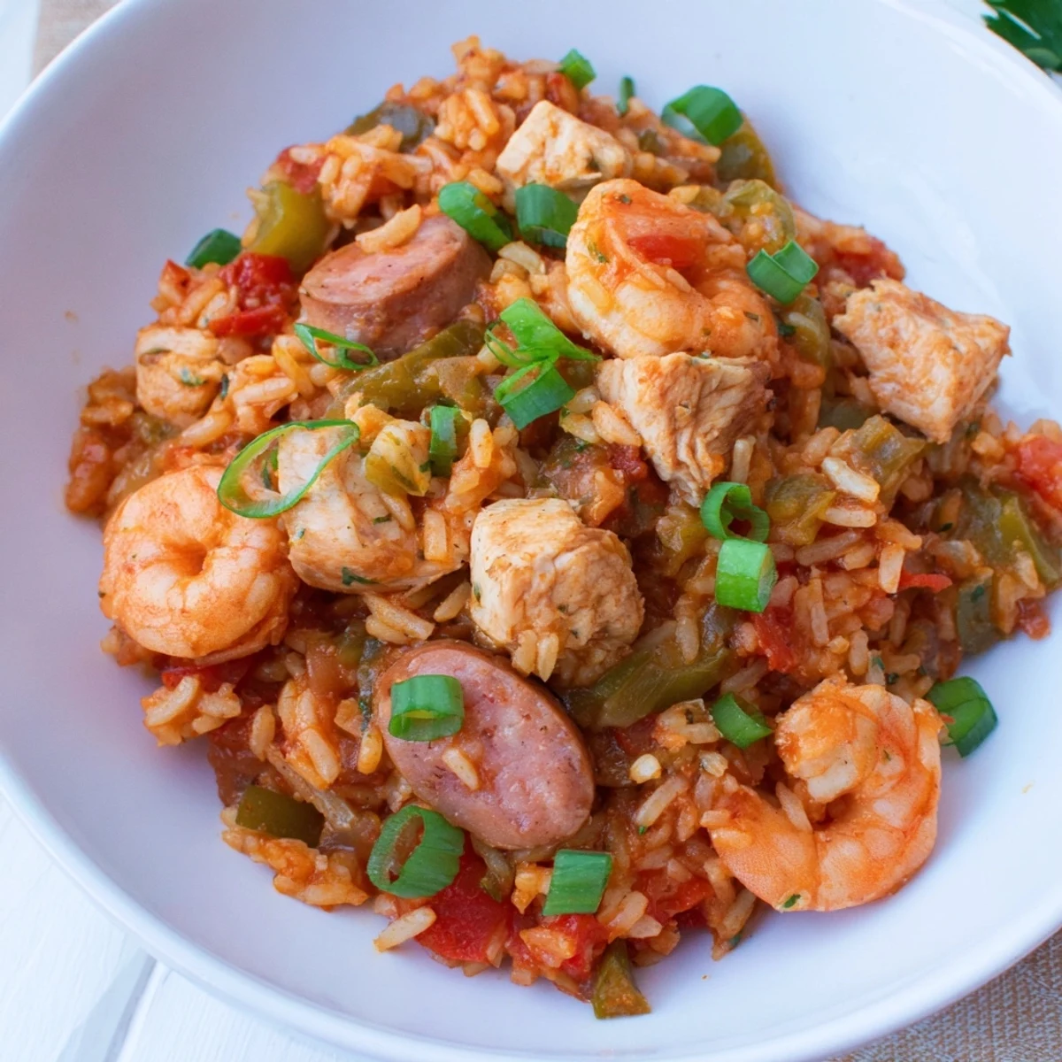 Spicy Mardi Gras Jambalaya with Chicken and Shrimp served in a rustic bowl, garnished with fresh green onions.