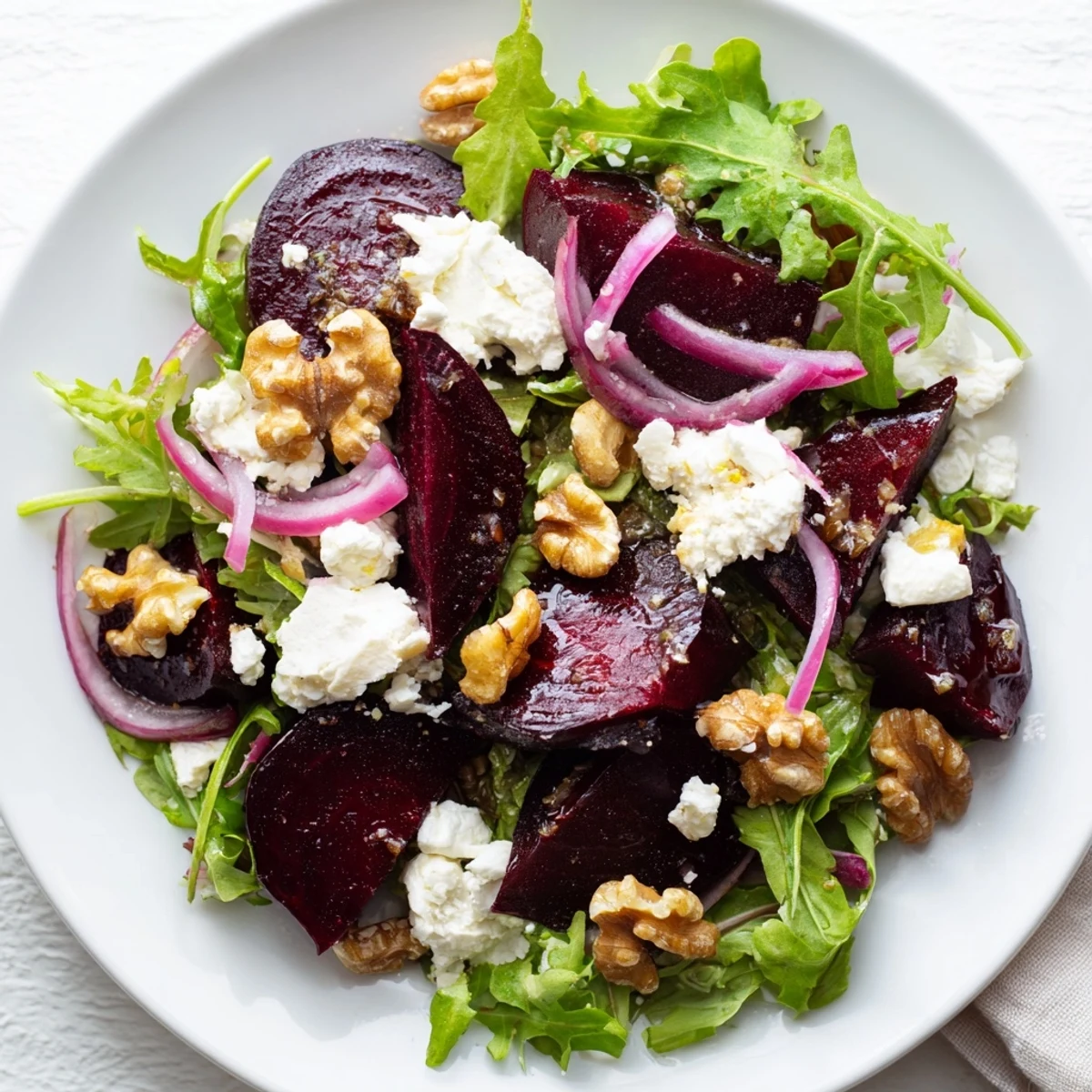 Sliced red onions and arugula bed highlight Roasted Beet Salad with Goat Cheese beside a small dressing drizzle
