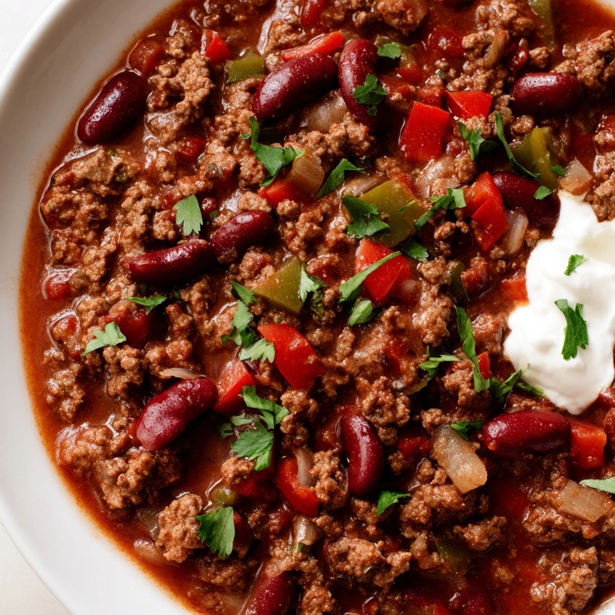 Steaming spicy beef chili with kidney beans in a pot, showcasing tender beef chunks and deep red sauce for a cozy dinner.