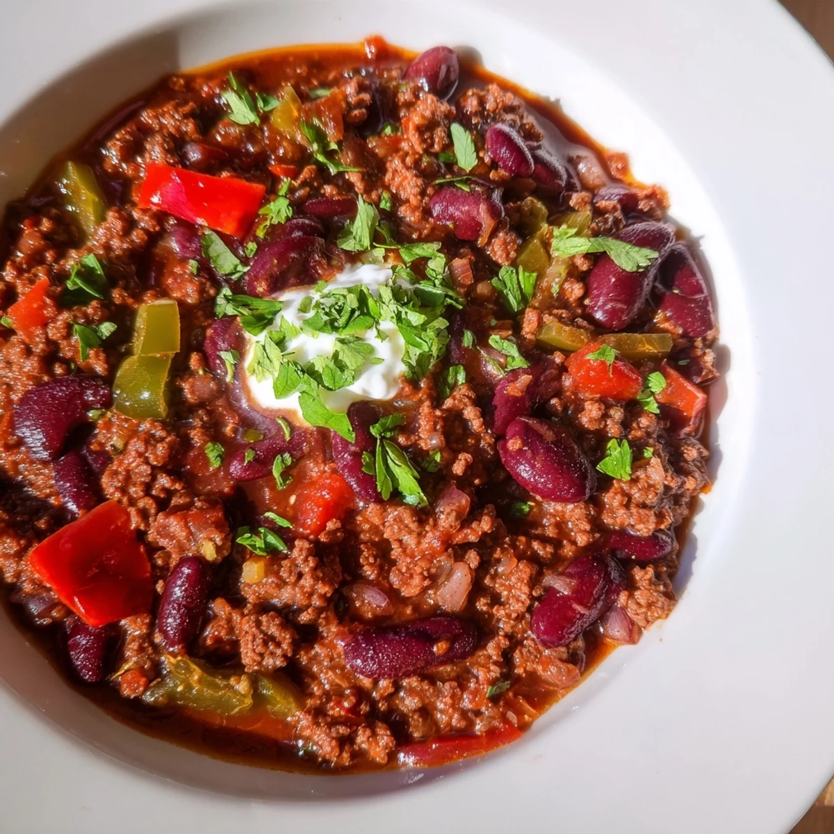 Hearty spicy beef chili with kidney beans served in a rustic bowl topped with shredded cheddar cheese and sour cream.