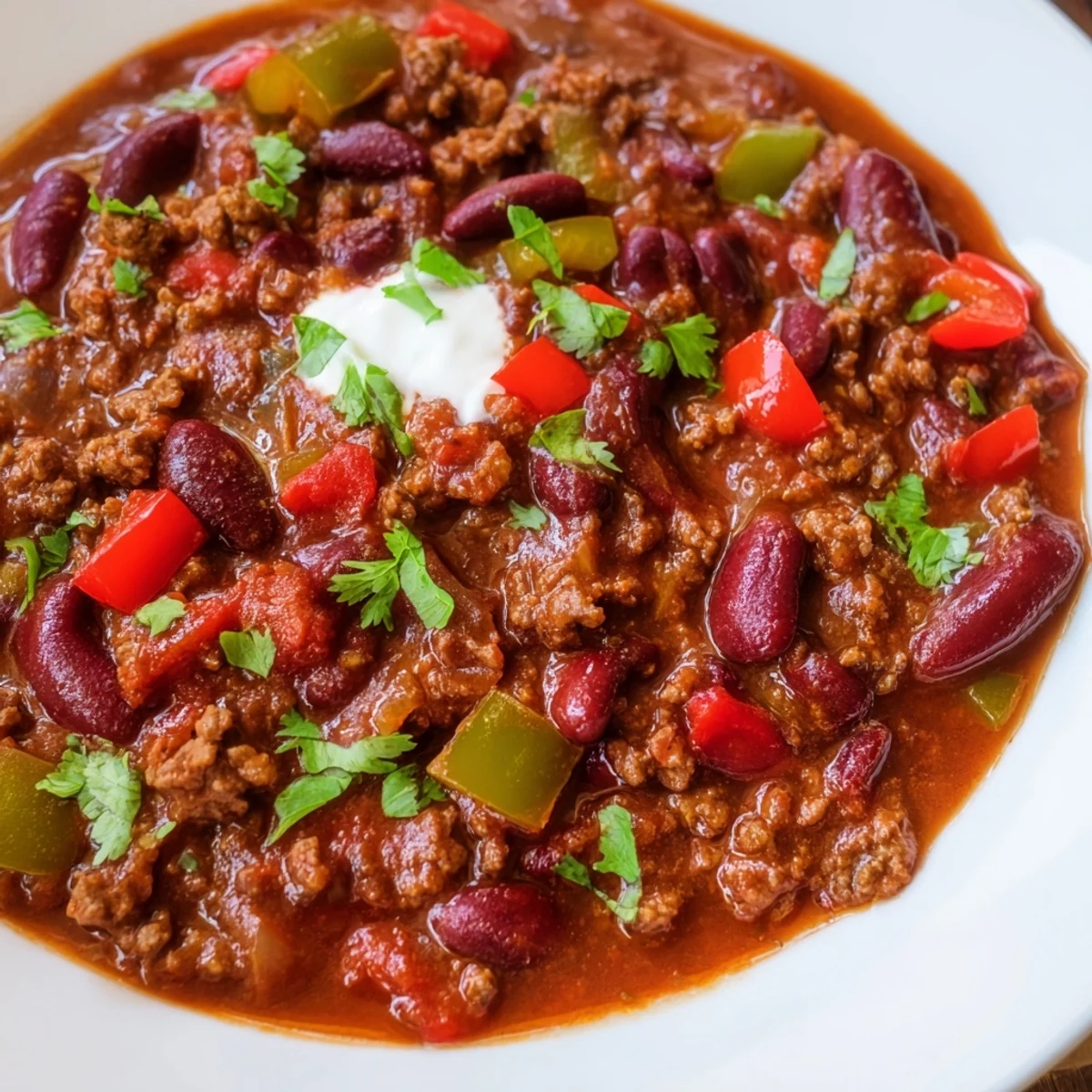 Rich spicy beef chili with kidney beans bubbling on the stove, surrounded by fresh diced peppers and warm cornbread slices.
