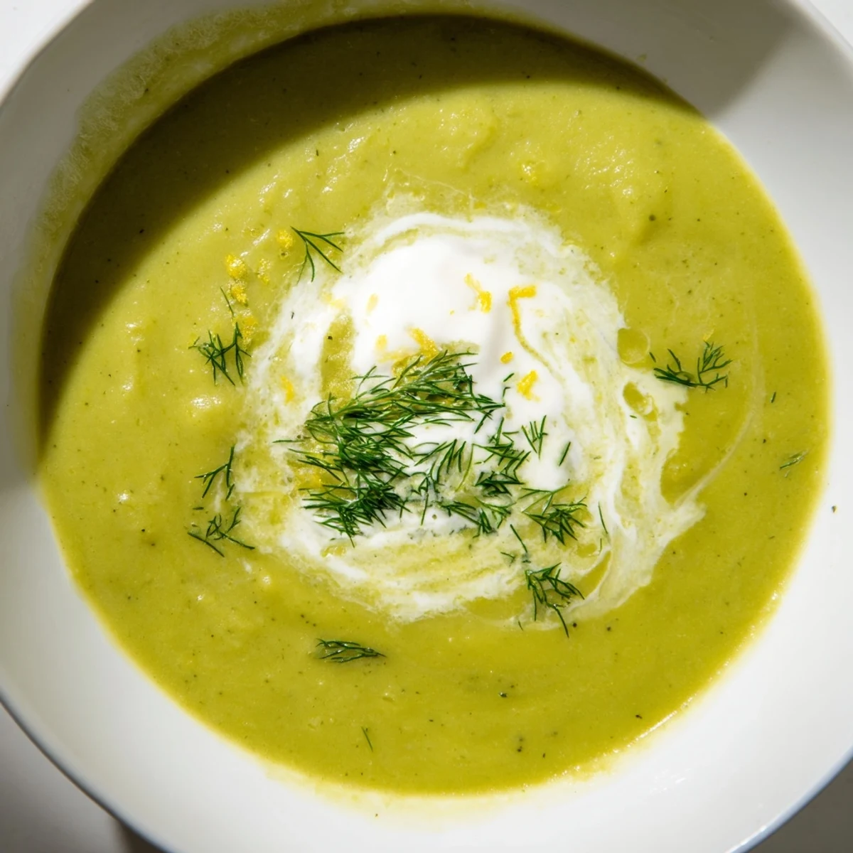 Creamy Asparagus Soup with Lemon steaming in a white bowl, garnished with fresh chives and a lemon wedge for a bright spring starter.
