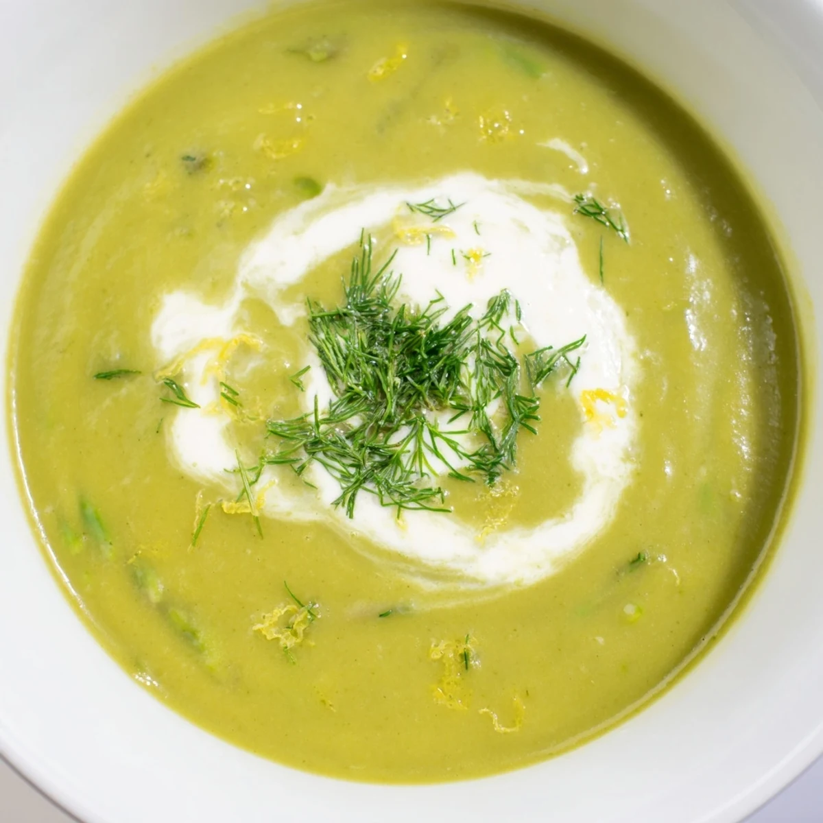 Vibrant green Creamy Asparagus Soup with Lemon being poured from a pot into a cozy ceramic serving bowl.