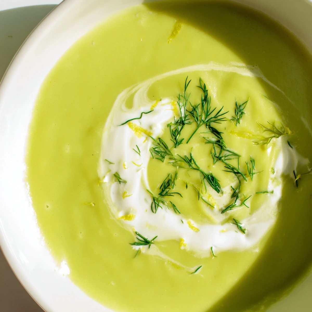 A rustic table setting features Creamy Asparagus Soup with Lemon beside crusty bread and a glass of white wine.