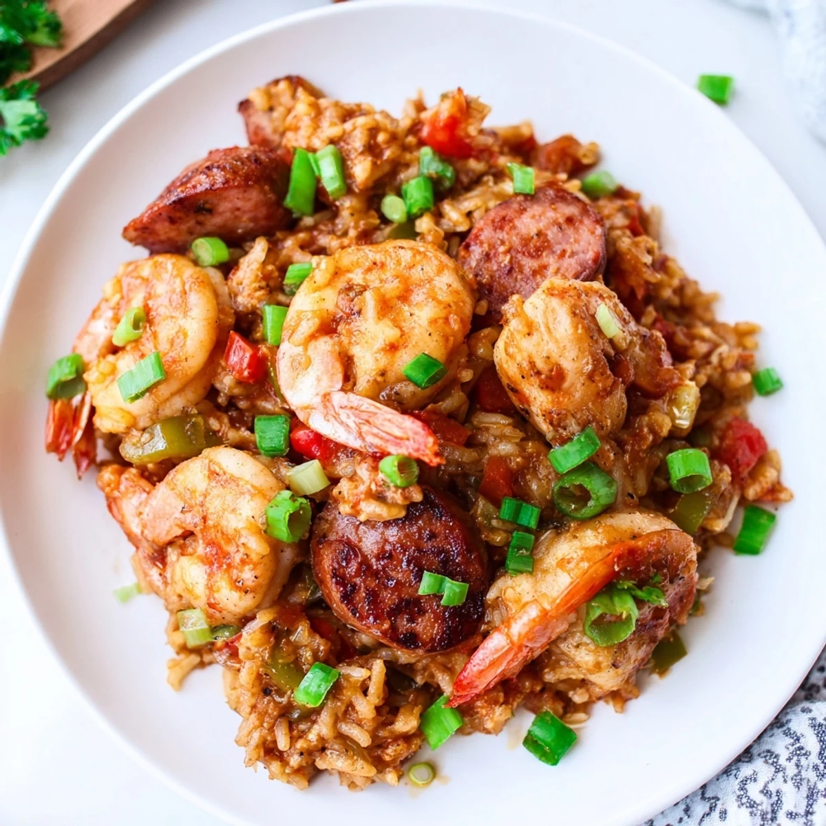 Mardi Gras Jambalaya with Chicken and Shrimp served steaming in a rustic bowl with rice and shrimp.