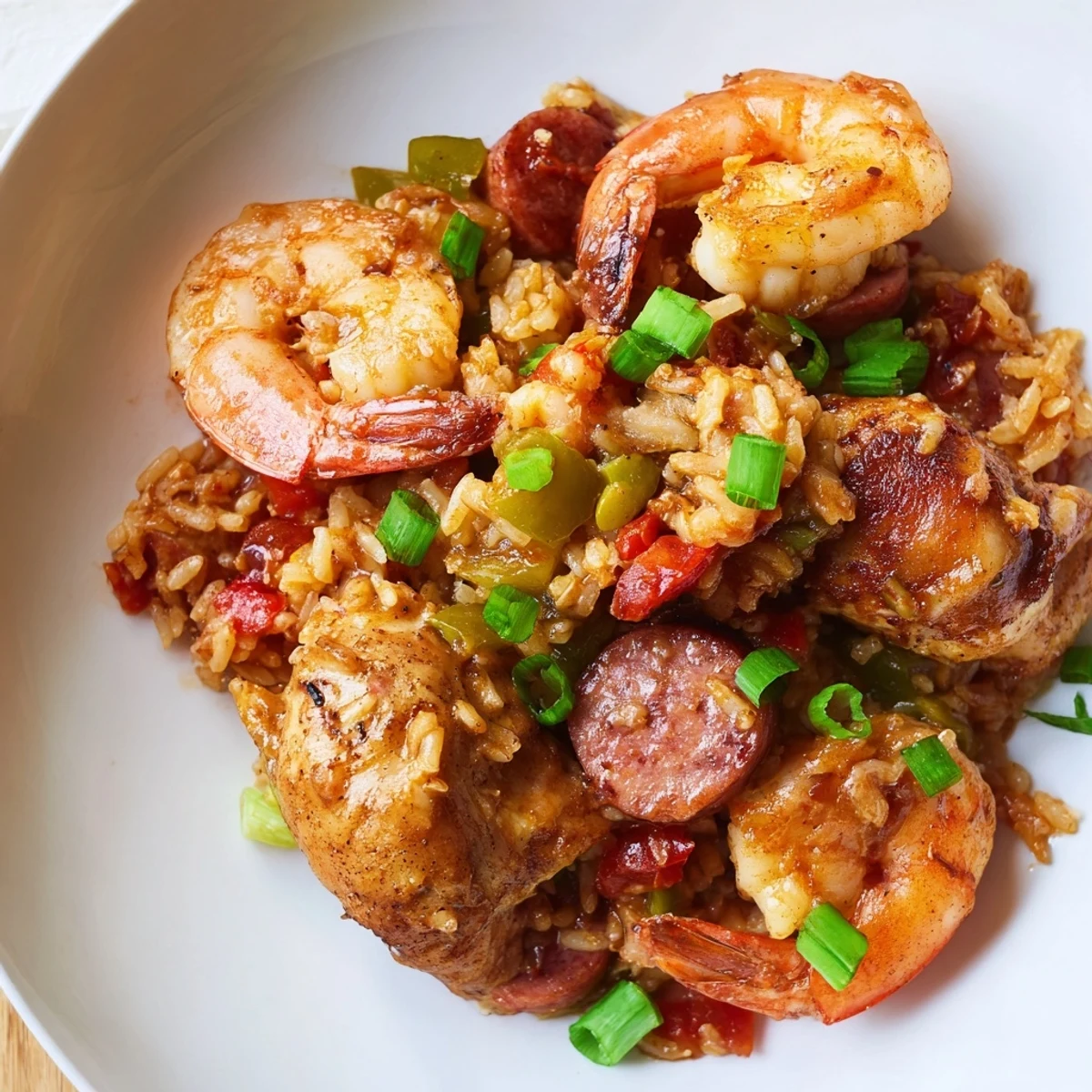Mardi Gras Jambalaya with Chicken and Shrimp garnished with parsley and green onions on a festive plate.