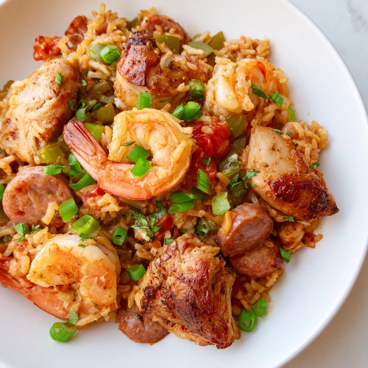 A close-up of Mardi Gras Jambalaya with Chicken and Shrimp featuring andouille sausage and tender chicken.