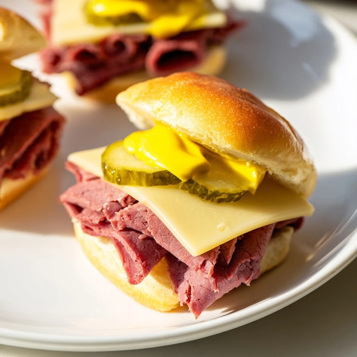 Freshly baked Corned Beef Sliders with mustard glaze, melted Swiss cheese, and crunchy pickles on soft brioche buns for a party appetizer.