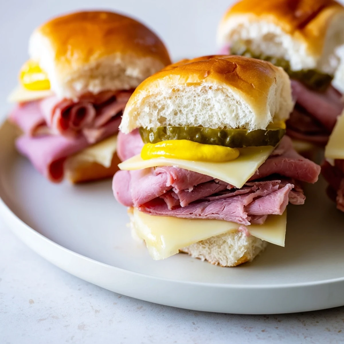 Warm Corned Beef Sliders topped with tangy mustard and dill pickle slices, ready to serve alongside potato chips at a casual gathering.