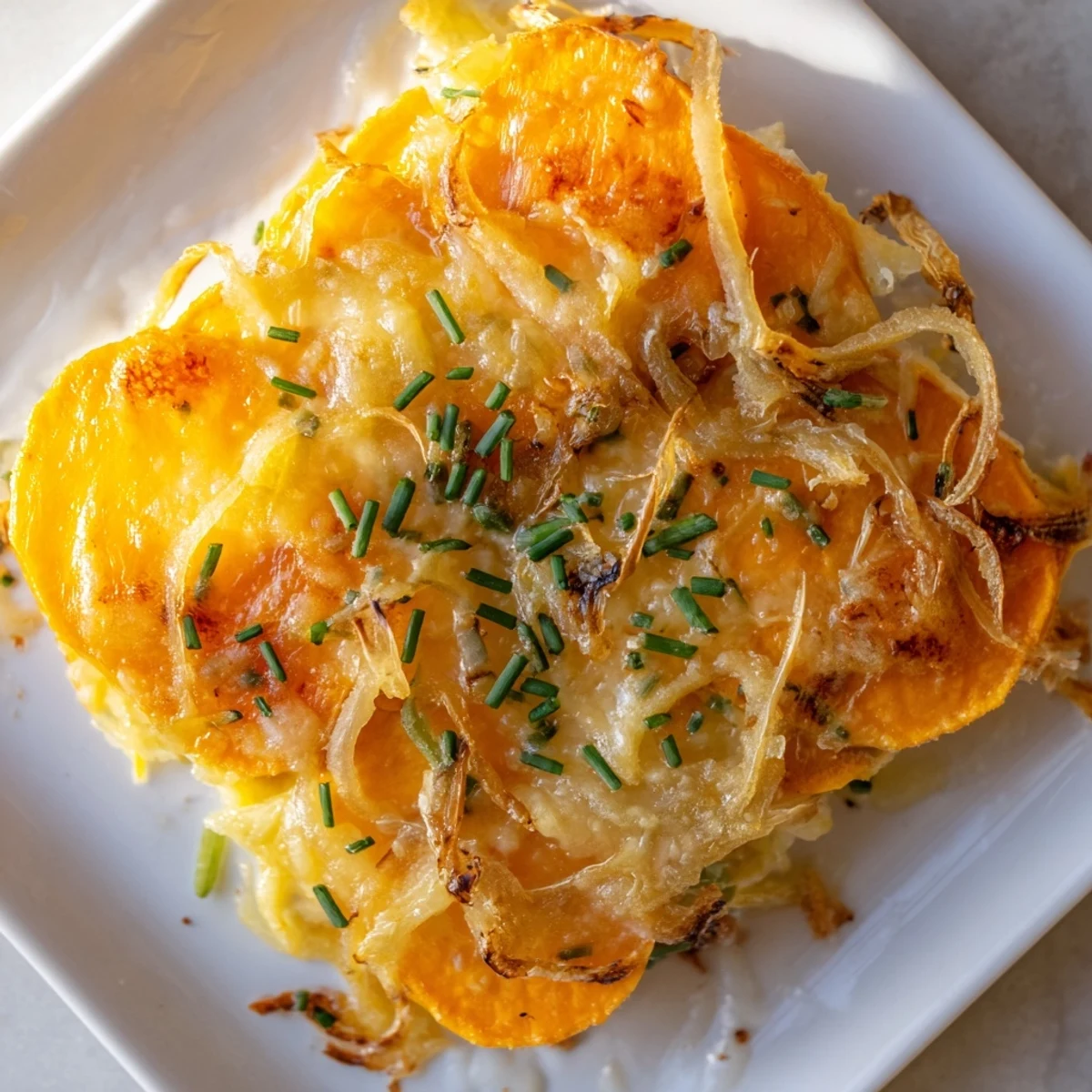 A close-up of golden, bubbly Cheesy Sweet Potato Gratin with Caramelized Onions Delight served in a rustic dish.