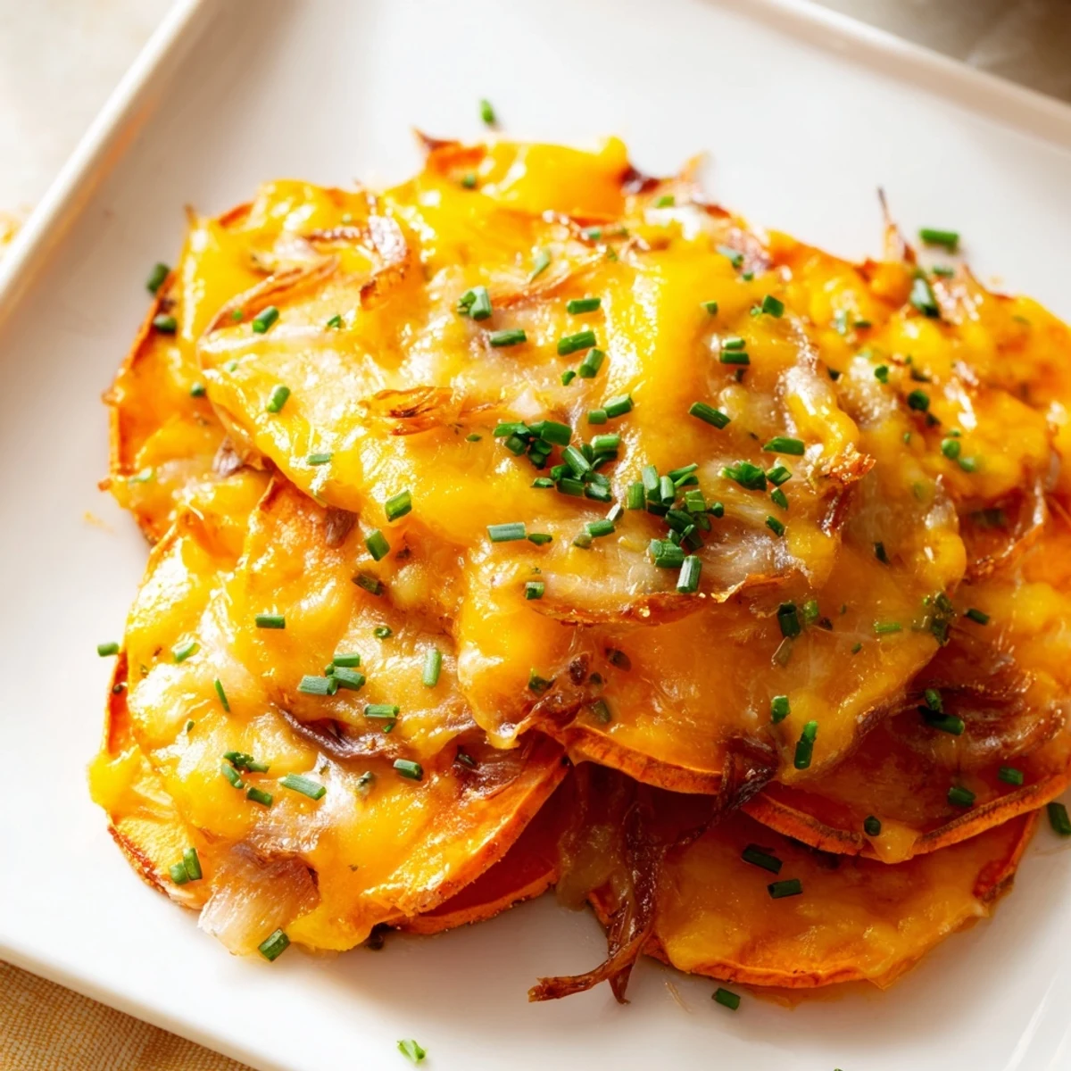 Freshly baked Cheesy Sweet Potato Gratin with Caramelized Onions Delight with a golden crust and fresh herbs garnish.
