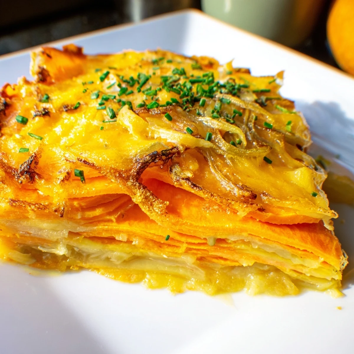 Creamy Cheesy Sweet Potato Gratin with Caramelized Onions Delight with a rustic serving dish beside fresh thyme.