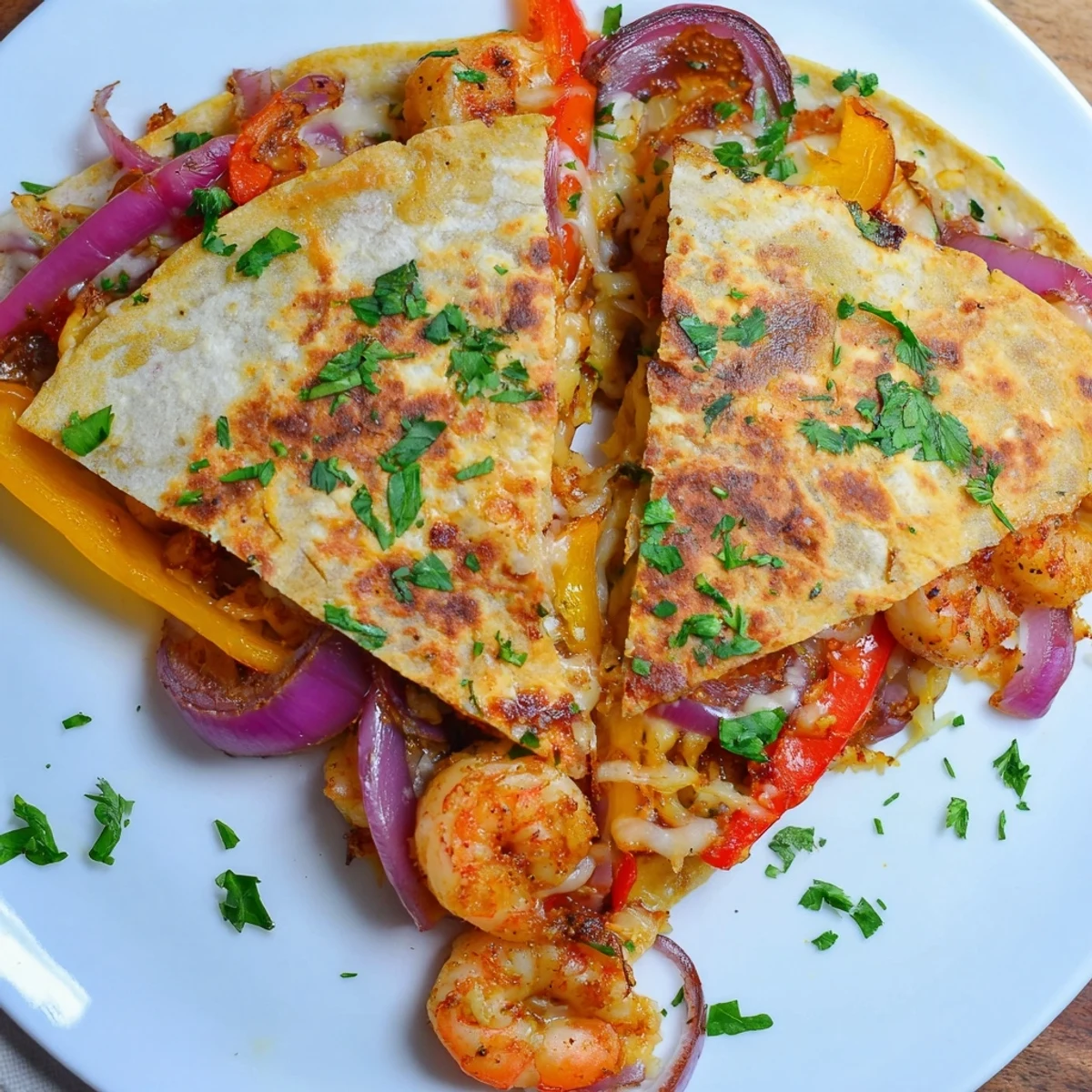 A close-up of golden Shrimp Fajita Sheet Pan Quesadillas, showcasing melted cheese, succulent shrimp, and roasted colorful peppers on a rustic wooden board.