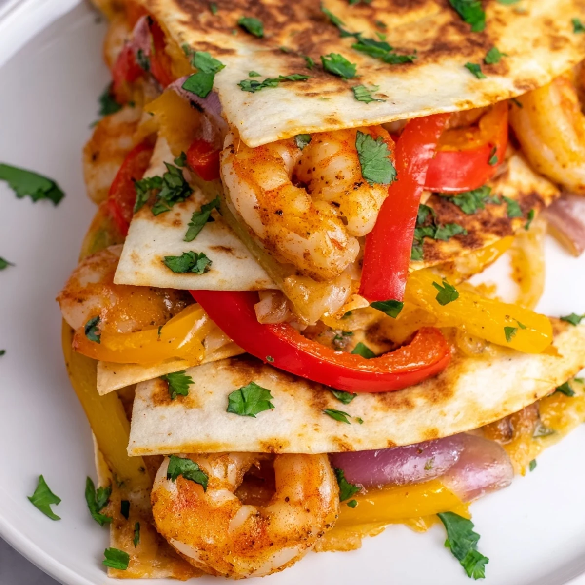 Golden-brown Shrimp Fajita Sheet Pan Quesadillas served on a plate with lime wedges, creamy avocado slices, and a bowl of salsa for dipping.