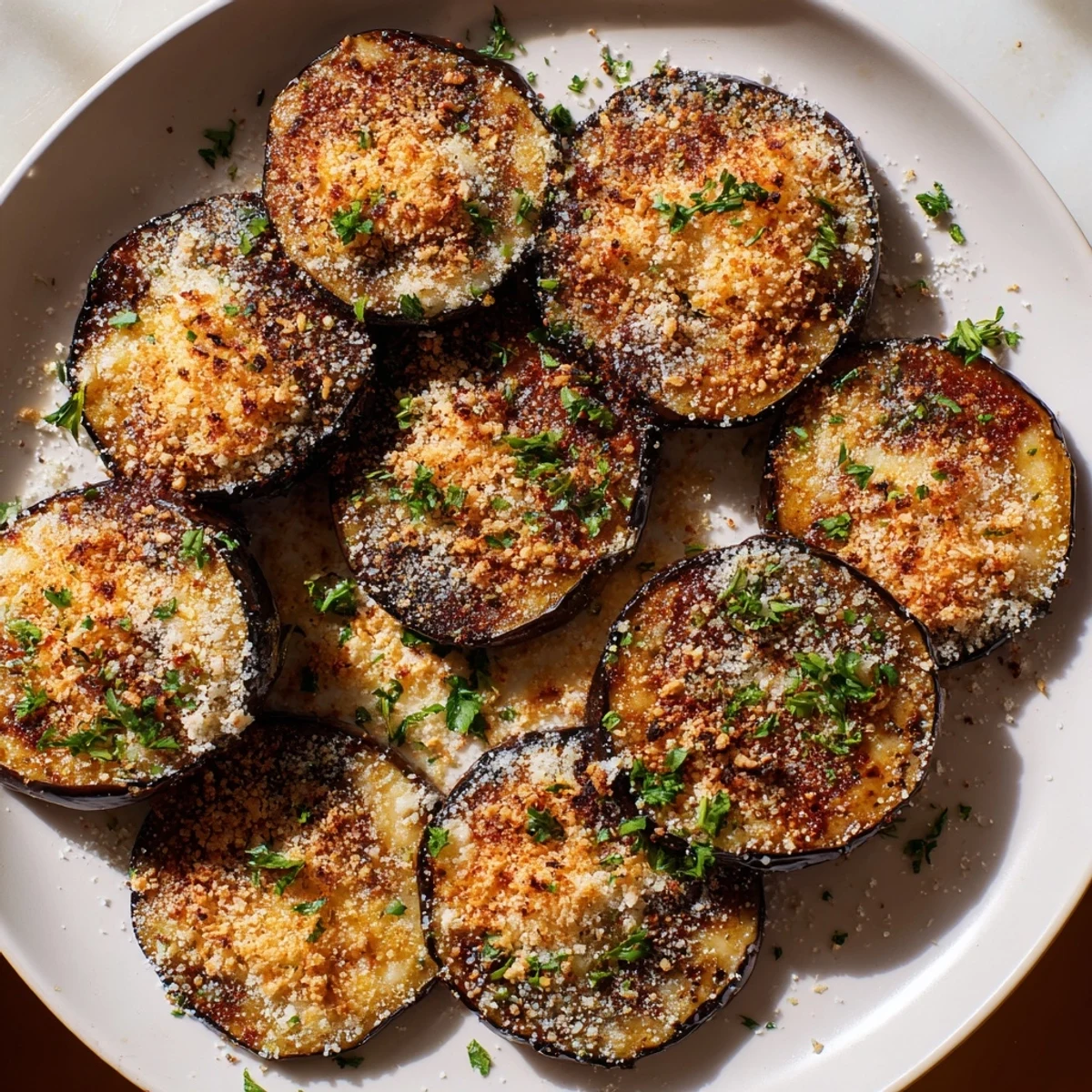 Mediterranean Roasted Eggplant & Parmesan Crisps served warm with fresh parsley and a lemon wedge.