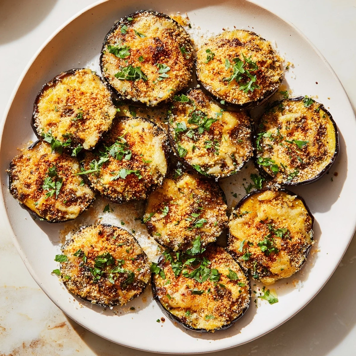 Vegetarian gluten-free Mediterranean Roasted Eggplant & Parmesan Crisps on a plate, garnished with herbs.