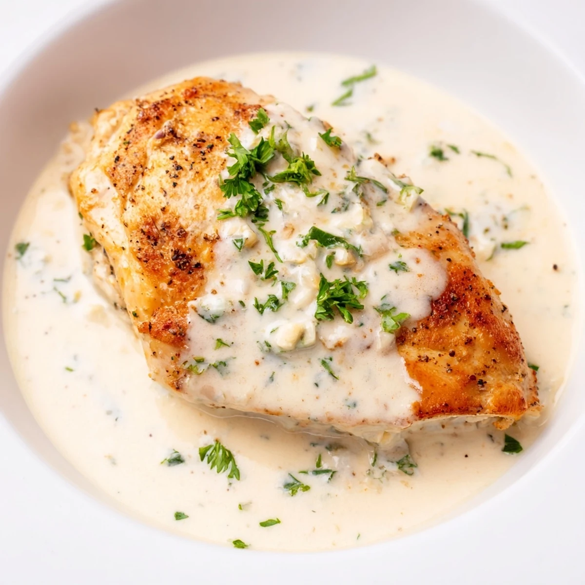 A close-up of tender chicken coated in a luscious garlic herb cheese sauce for the Creamy Boursin Chicken dish.  