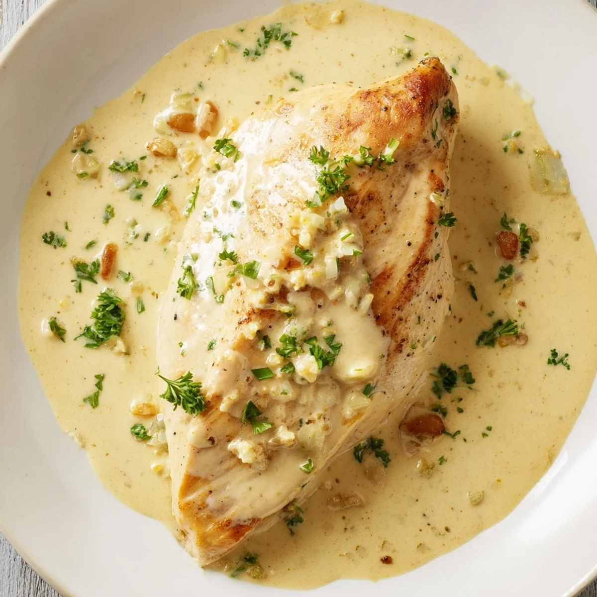 Golden seared chicken breasts swimming in a creamy Boursin Chicken sauce, garnished with fresh parsley on a rustic plate.  