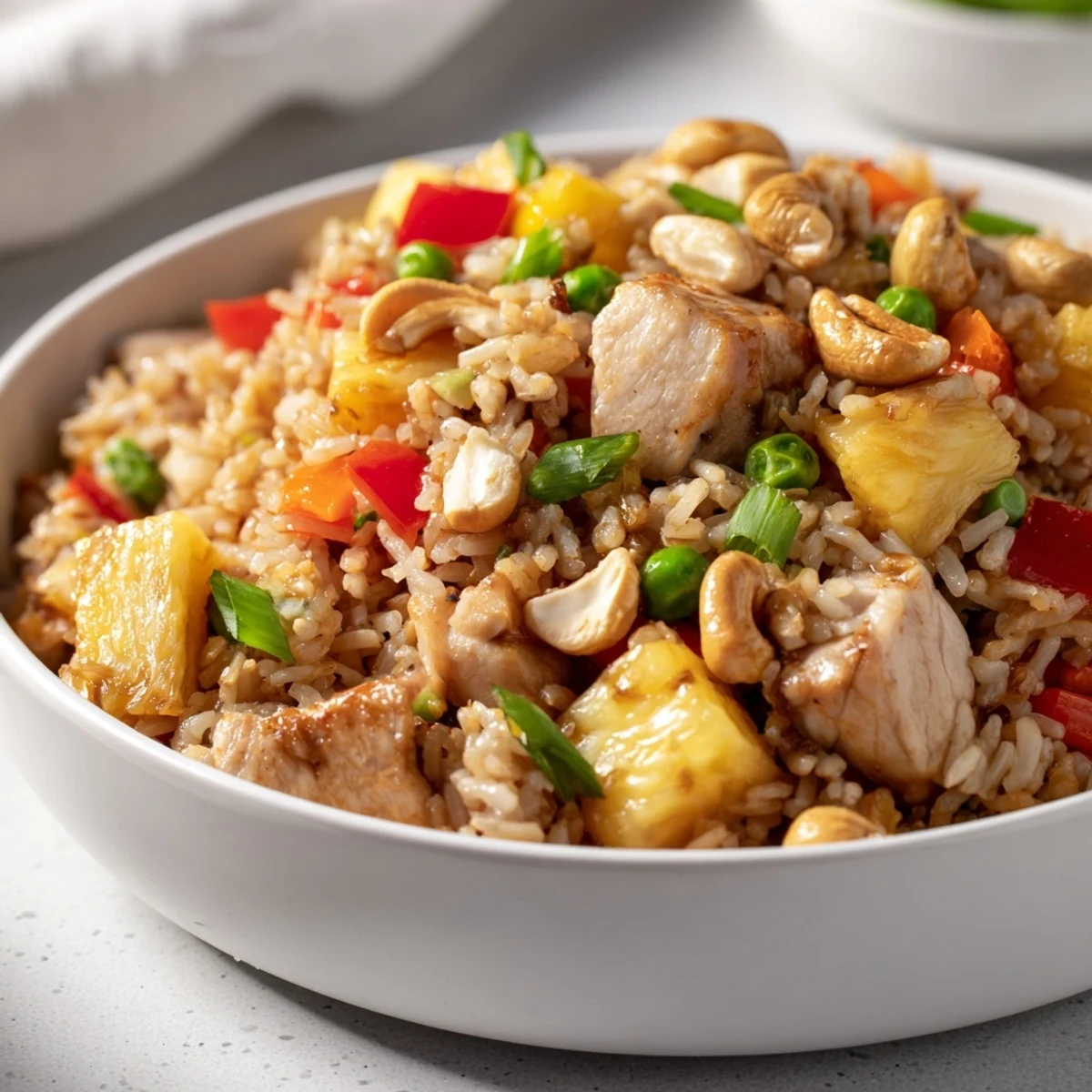 Golden pineapple chunks and tender chicken pieces in Pineapple Chicken Fried Rice with Cashews, garnished with green onions.