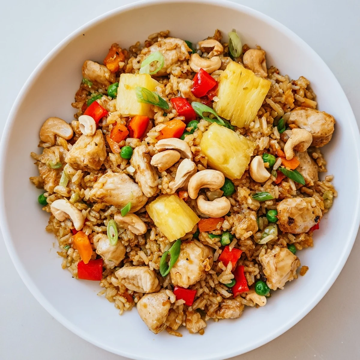 Bright vegetables and crunchy cashews scattered over steaming Pineapple Chicken Fried Rice with Cashews served in a bowl.