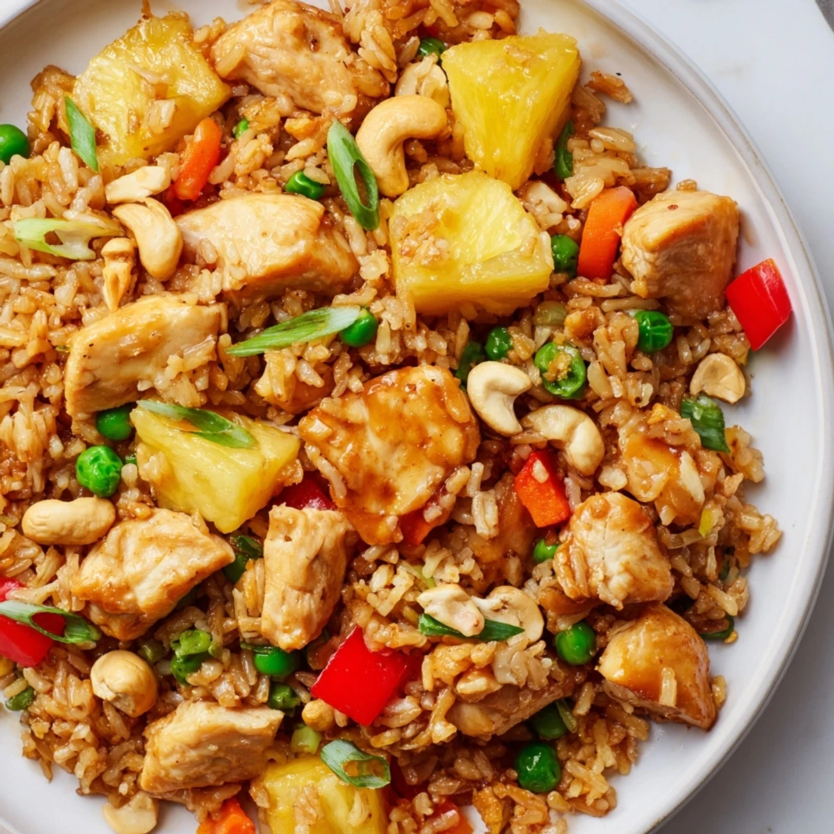 Sizzling wok action with scrambled eggs, diced bell pepper, and Pineapple Chicken Fried Rice with Cashews ready to serve.