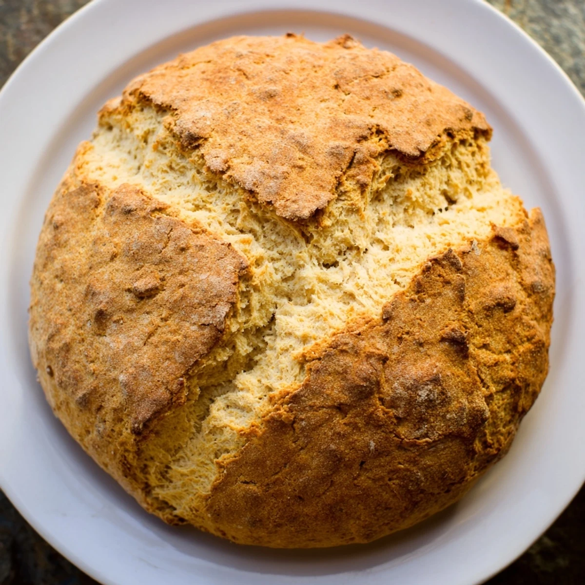 A rustic Authentic 4-Ingredient Irish Soda Bread sliced on a wooden board, perfect with salted butter or jam alongside stews.