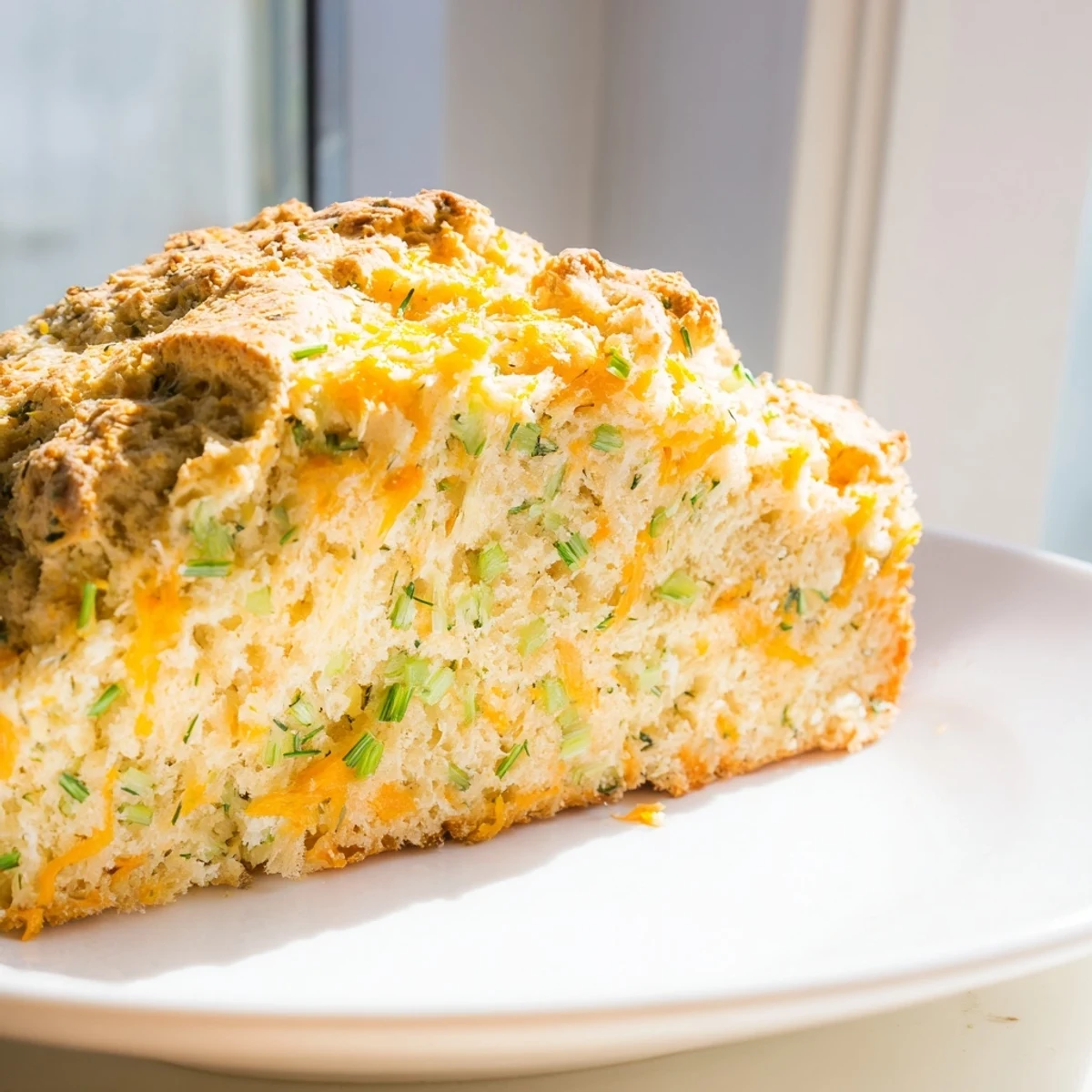 A freshly baked Savory Herbed Cheddar Irish Soda Bread loaf with a golden crust and visible herbs, ready to slice.