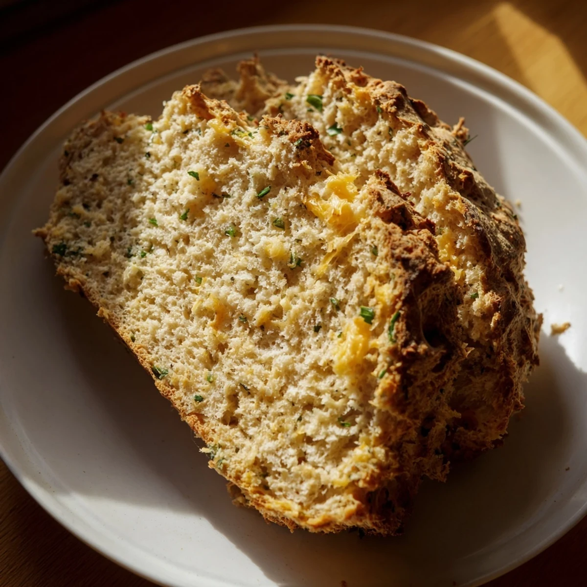 A close-up of warm Savory Herbed Cheddar Irish Soda Bread showing a tender, cheesy interior and fresh herb flecks.