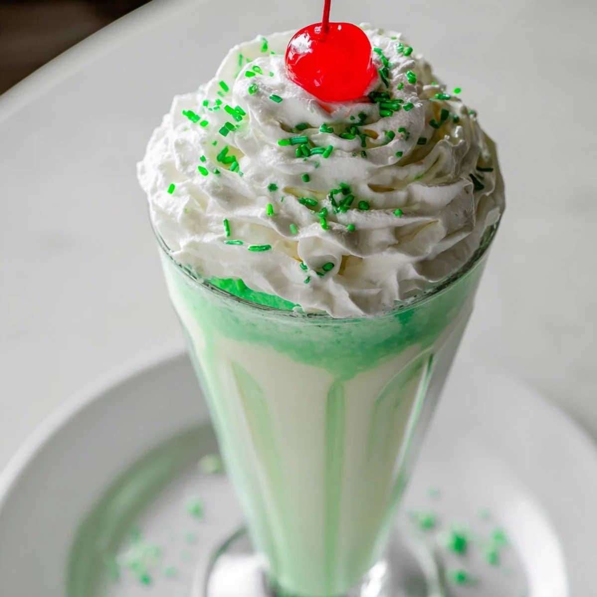 Blended copycat Shamrock Shake garnished with whipped cream and a cherry, perfect for St. Patrick's Day.