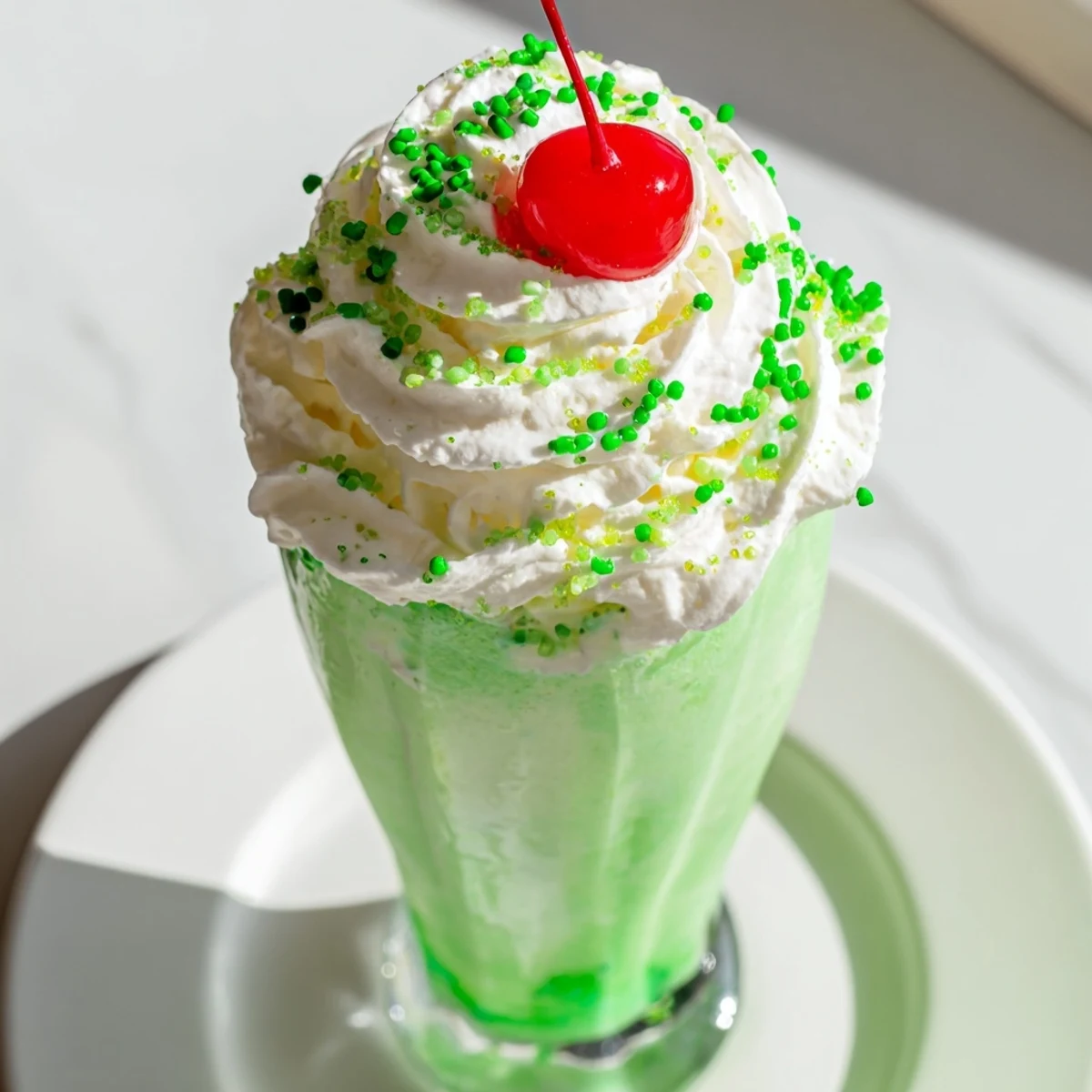 Creamy homemade copycat Shamrock Shake with whipped cream and a bright green hue in a tall glass.