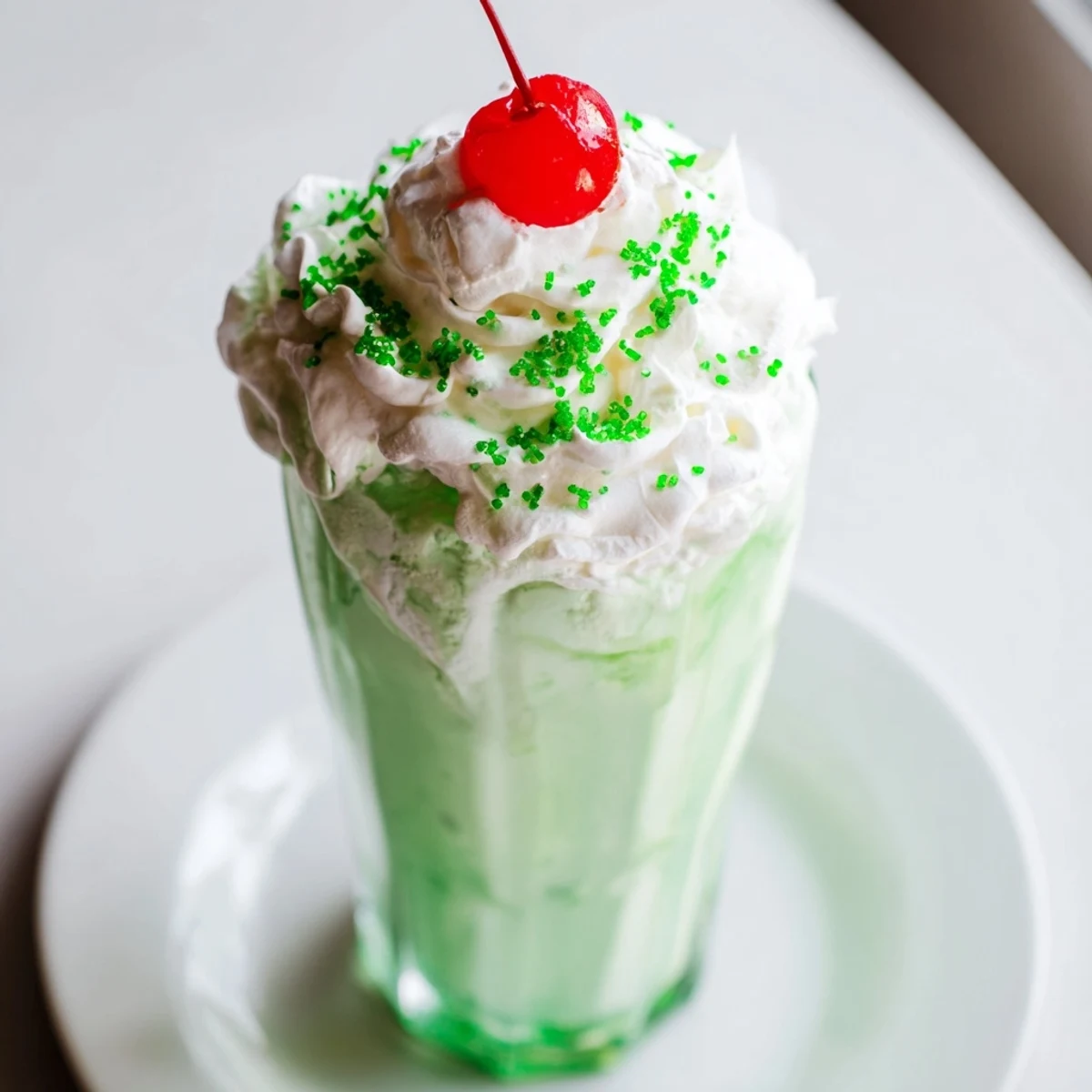 Refreshing copycat Shamrock Shake in a frosted glass topped with green sprinkles and creamy whipped cream.
