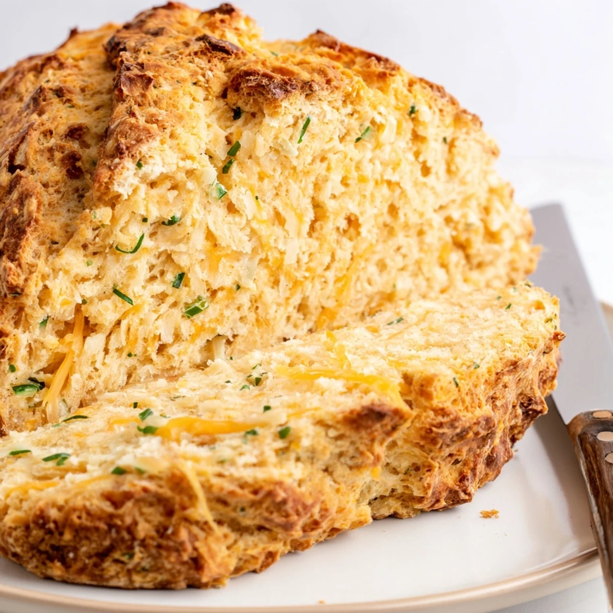 A close-up of golden Savory Cheddar & Chive Irish Soda Bread with a cheesy crust and visible chive flecks, ready to slice.