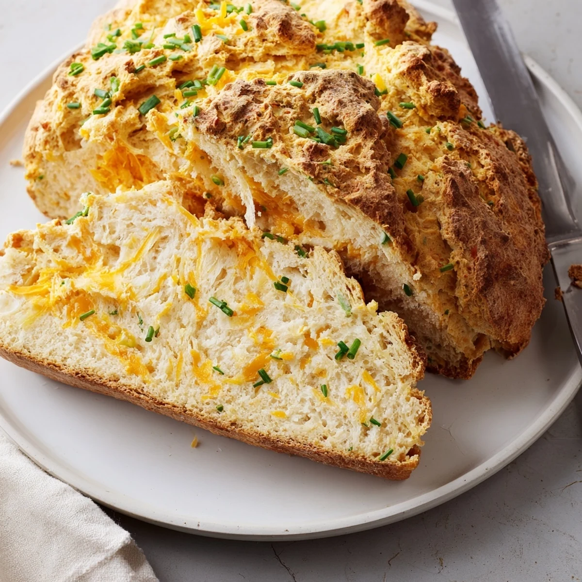 A rustic Savory Cheddar & Chive Irish Soda Bread loaf with a deep cross on top, perfect for pairing with soup.
