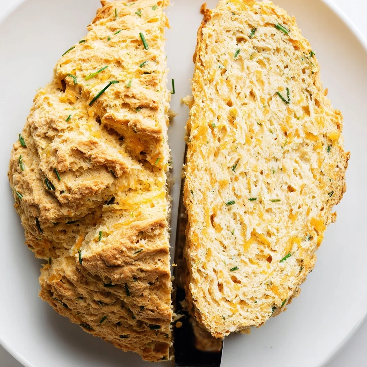 Freshly baked Savory Cheddar & Chive Irish Soda Bread on a wooden board, steaming slightly and served with melting butter.