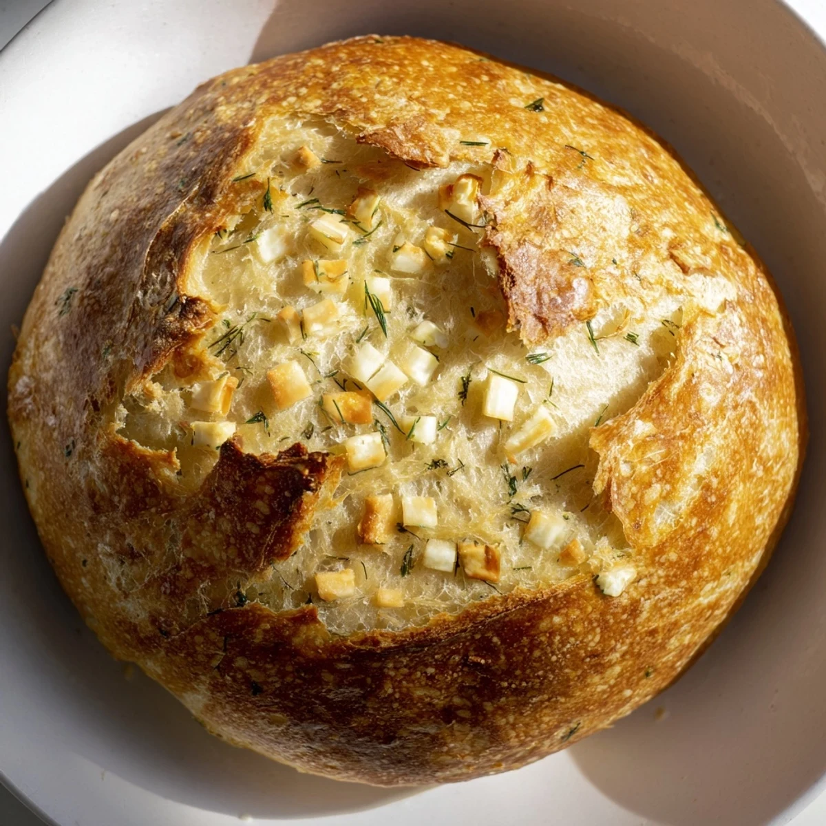 A rustic No-Knead Dill Gouda Artisan Bread with a golden crust, featuring visible flecks of fresh dill and melted Gouda cheese.