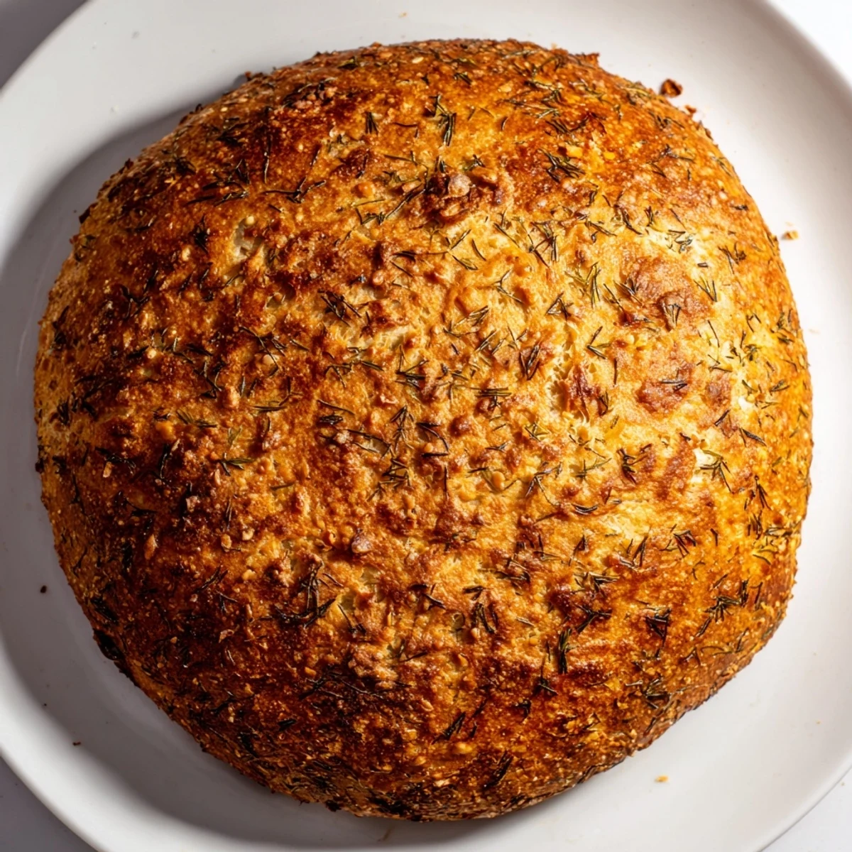 Thick slices of homemade No-Knead Dill Gouda Artisan Bread on a wooden board, ready to serve with creamy soup or butter.