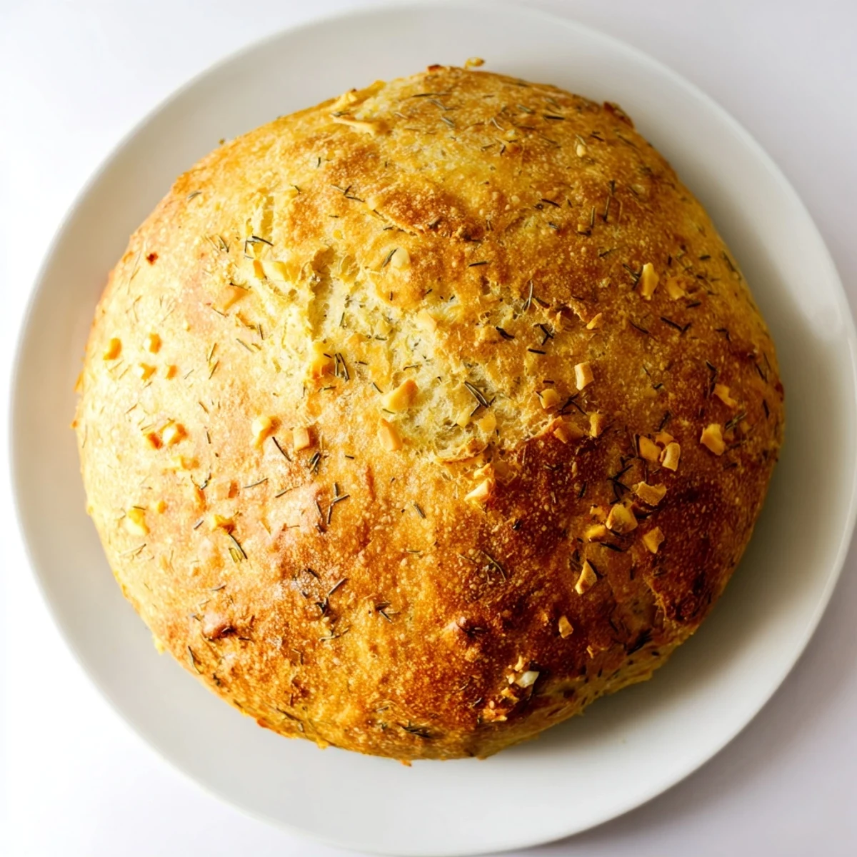 Steaming No-Knead Dill Gouda Artisan Bread fresh from the Dutch oven, displaying a blistered crust and savory cheese texture.