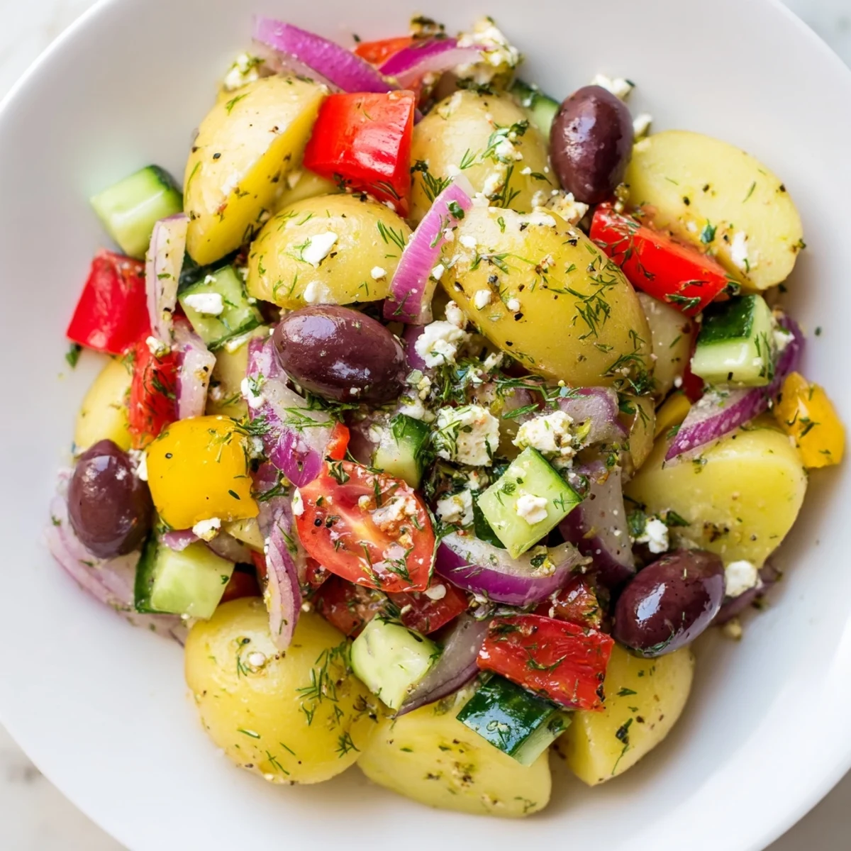 Bright red onions, crisp cucumber, and juicy cherry tomatoes complement briny olives in a Refreshing Olive Greek Potato Salad garnished with feta.