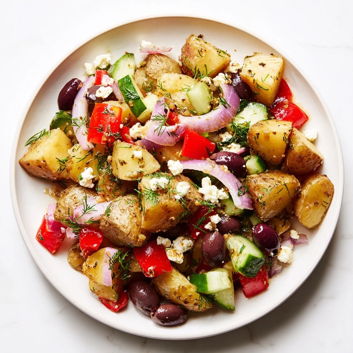 This Mediterranean-style Refreshing Olive Greek Potato Salad features tangy red wine vinegar dressing and fresh herbs, perfect for summer cookouts and picnics.