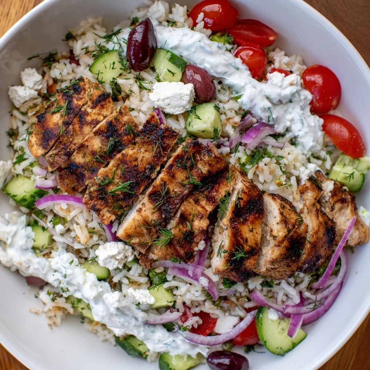 Vibrant Greek Chicken Bowls with grilled marinated chicken, fresh cherry tomatoes, cucumbers, and creamy tzatziki sauce on herbed rice.