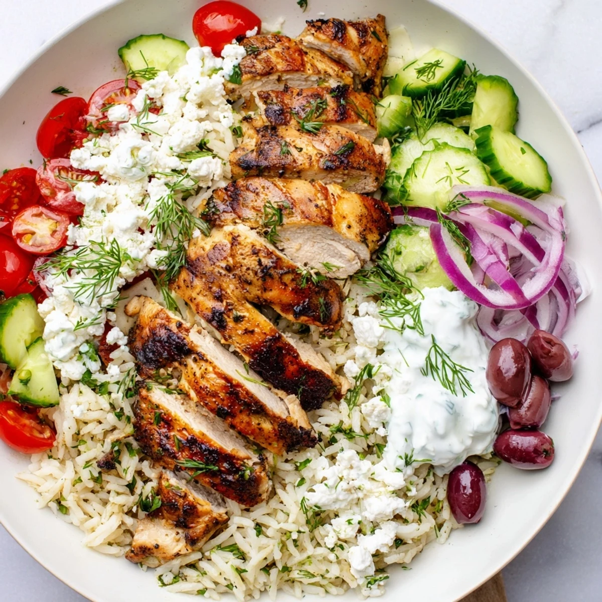 Savory Greek Chicken Bowls featuring tender sliced chicken, Kalamata olives, feta, and tangy tzatziki over fluffy herbed rice.