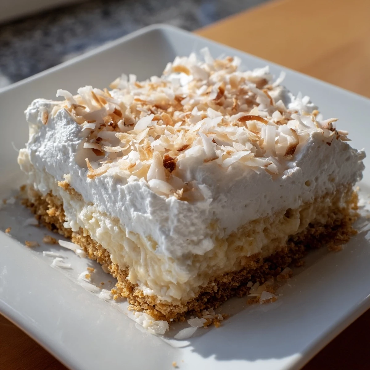 Golden-brown, crispy graham cracker crust topped with creamy coconut filling and fluffy whipped cream on a dessert bar.  
