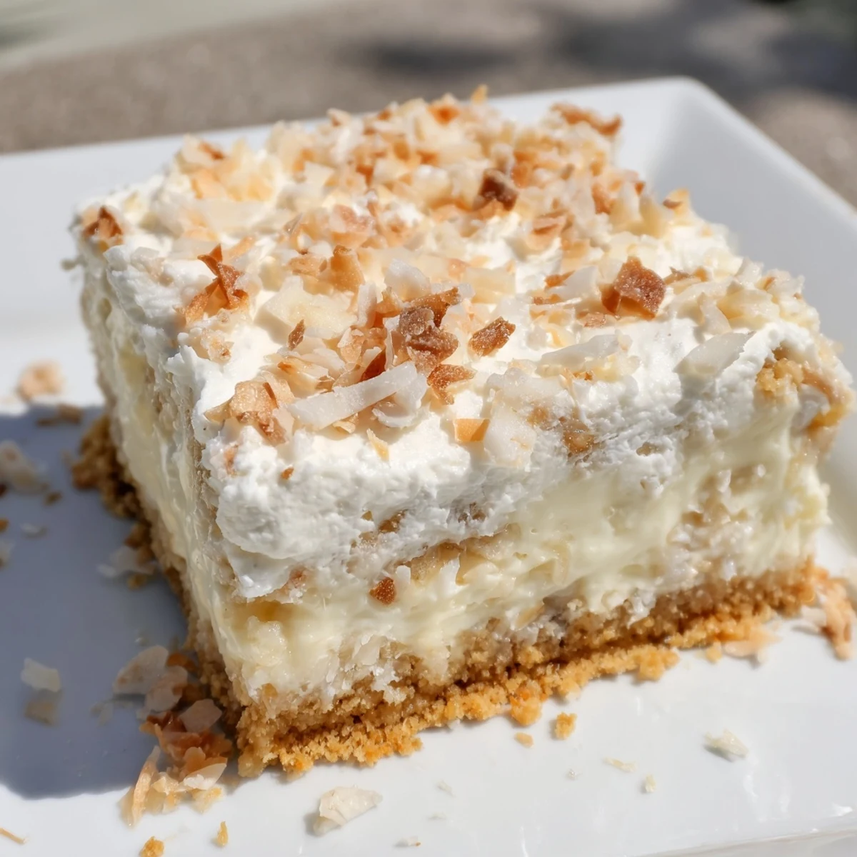 A close-up of Coconut Cream Dream Bars with toasted coconut flakes on a plate, ideal for a summer party dessert.  