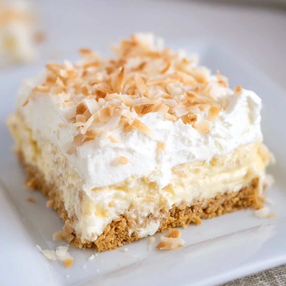 Cut bar of Coconut Cream Dream Bars reveals creamy white layers and shredded coconut inside, served on a cooling rack.