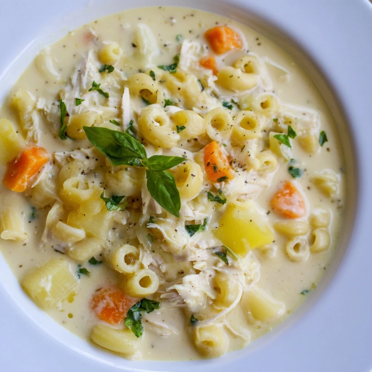 Crock Pot Creamy Chicken Parmesan Soup ladled into a white bowl, garnished with fresh basil and Parmesan.